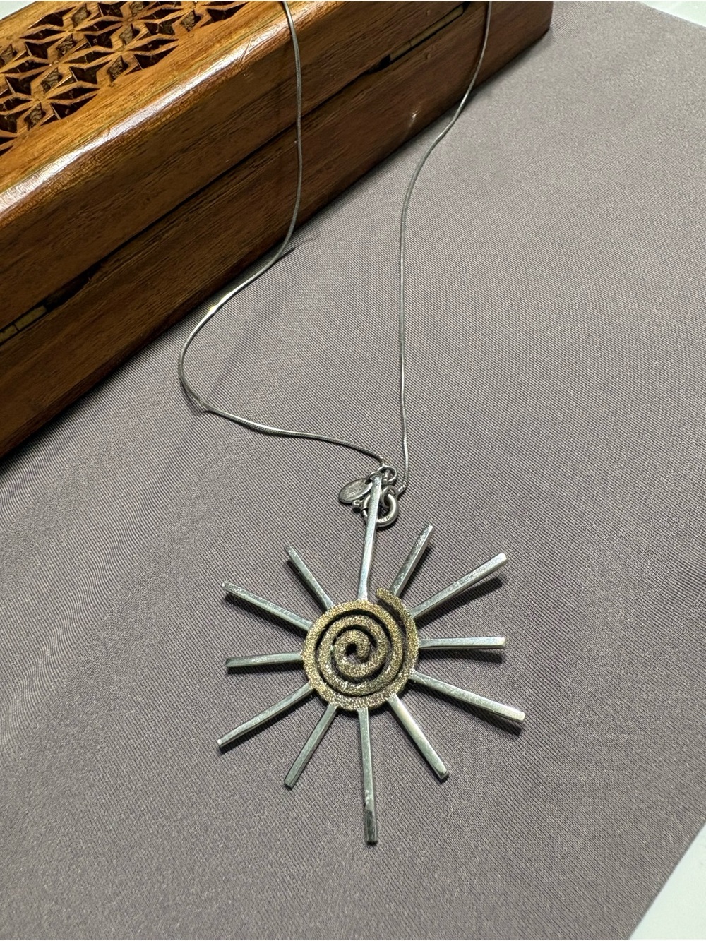 Sunburst Spiral Pendant Necklace - Silver with Gold Accent